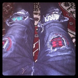 Men Slim Stretch Pant Ripped Black Jean Embroidery